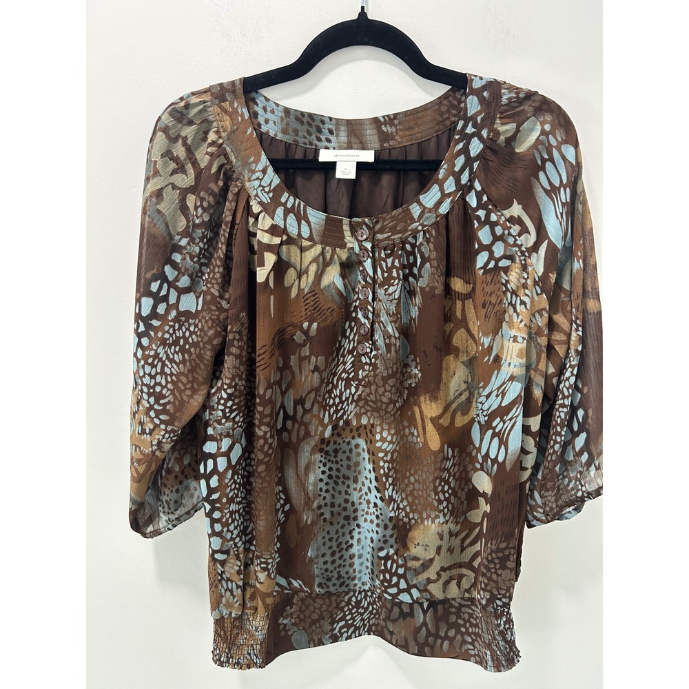 Dressbarn Women Brown Blue Abstract Animal Print Smocked Hem Blouse Large